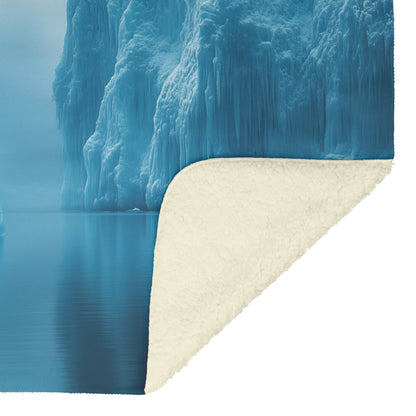 Lone Penguin on Glowing Blue Iceberg in Crystal Arctic Waters Under Twilight Sky Fleece Sherpa Blanket - Awakening Righteousness