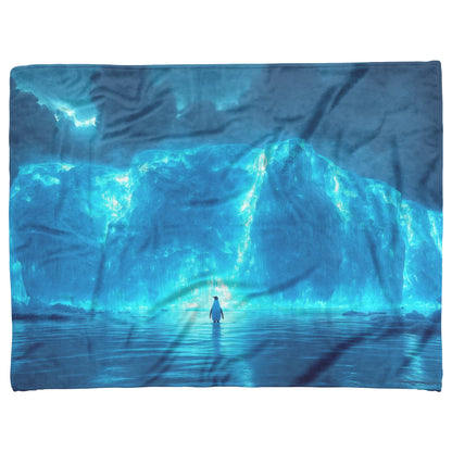 Lone Penguin on Glowing Blue Iceberg in Crystal Arctic Waters Under Twilight Sky Fleece Sherpa Blanket - Awakening Righteousness