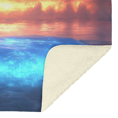 Lone Penguin on Glowing Blue Iceberg in Crystal Arctic Waters Under Twilight Sky Fleece Sherpa Blanket - Awakening Righteousness