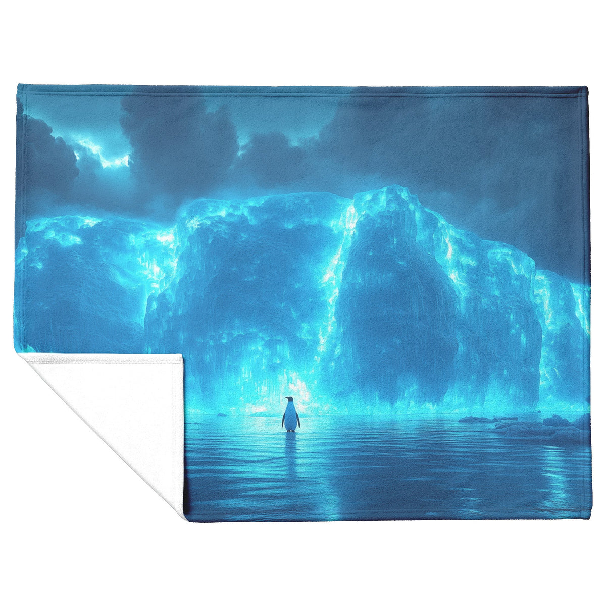 Lone Penguin on Glowing Blue Iceberg in Crystal Arctic Waters Under Twilight Sky Fleece Sherpa Blanket - Awakening Righteousness