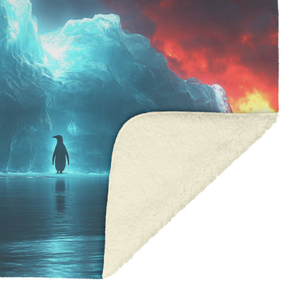 Lone Penguin on Glowing Blue Iceberg in Crystal Arctic Waters Under Twilight Sky Fleece Sherpa Blanket - Awakening Righteousness
