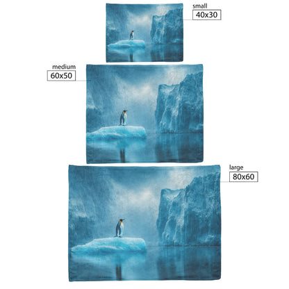 Lone Penguin on Glowing Blue Iceberg in Crystal Arctic Waters Under Twilight Sky Fleece Sherpa Blanket - Awakening Righteousness