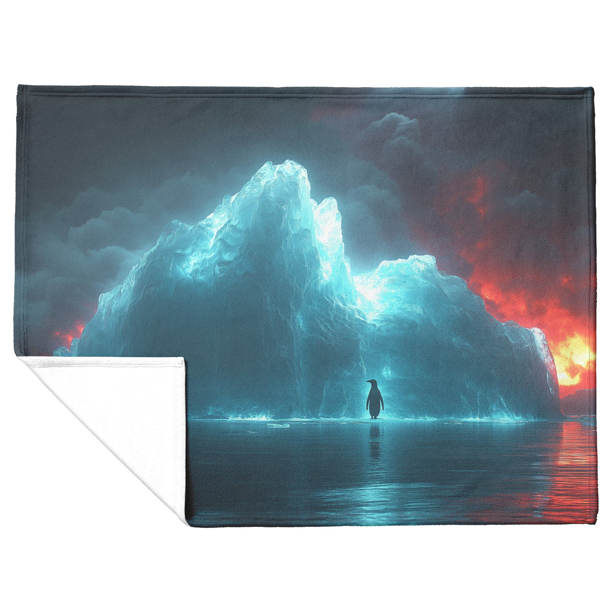 Lone Penguin on Glowing Blue Iceberg in Crystal Arctic Waters Under Twilight Sky Fleece Sherpa Blanket - Awakening Righteousness