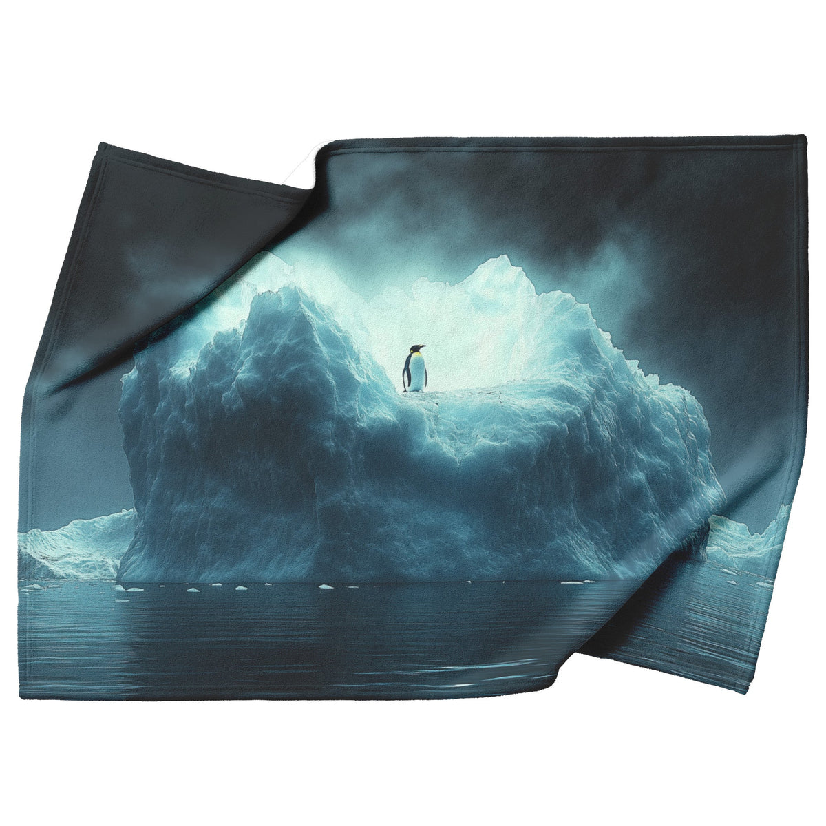Lone Penguin on Glowing Blue Iceberg in Crystal Arctic Waters Under Twilight Sky Fleece Sherpa Blanket - Awakening Righteousness