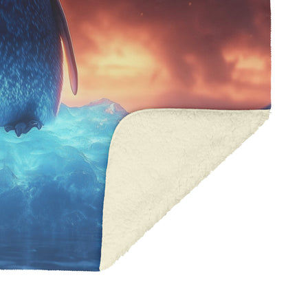 Lone Penguin on Glowing Blue Iceberg in Crystal Arctic Waters Under Twilight Sky Fleece Sherpa Blanket - Awakening Righteousness