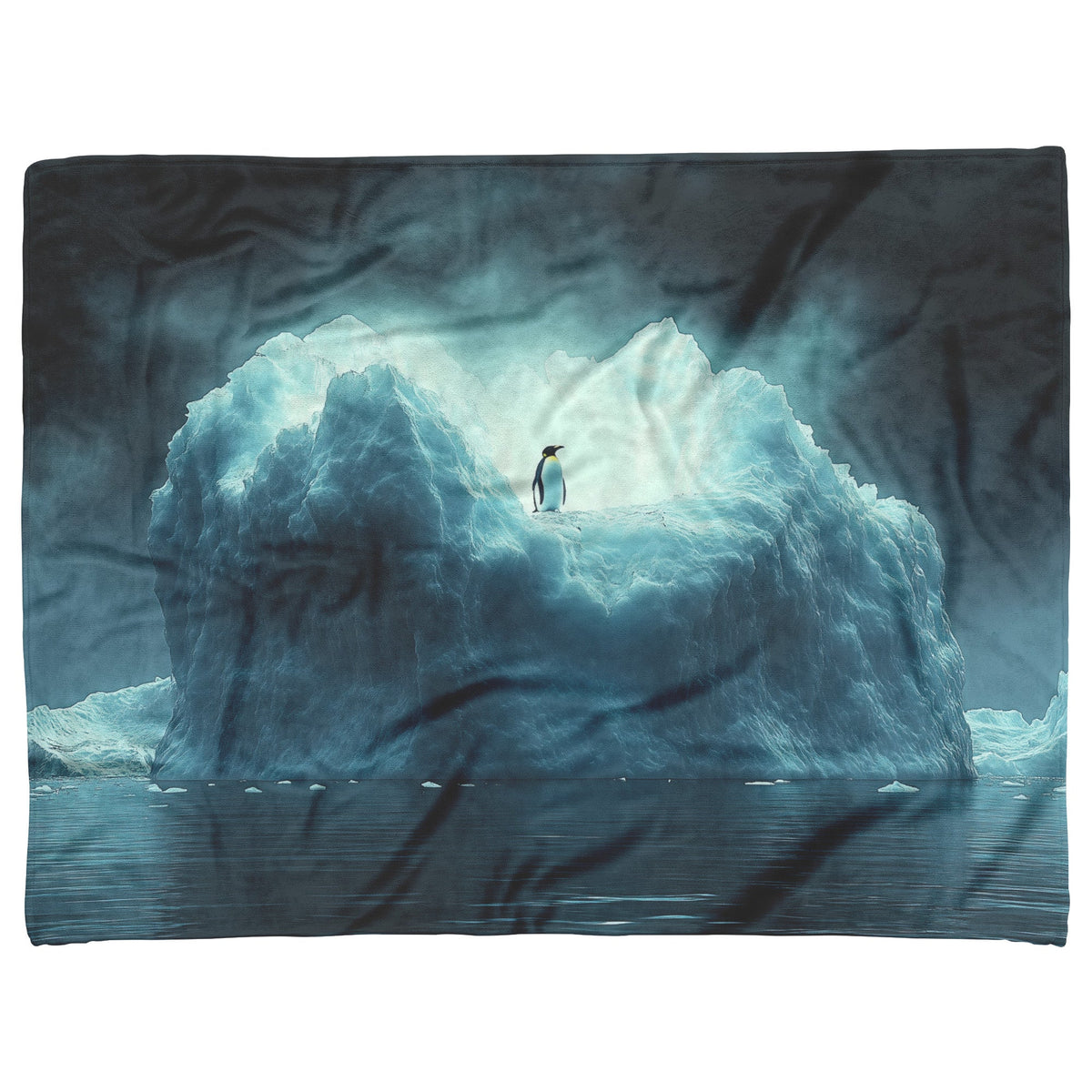 Lone Penguin on Glowing Blue Iceberg in Crystal Arctic Waters Under Twilight Sky Fleece Sherpa Blanket - Awakening Righteousness