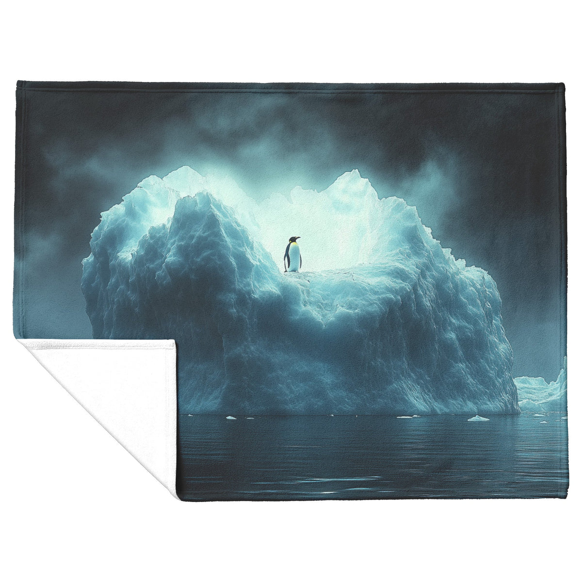 Lone Penguin on Glowing Blue Iceberg in Crystal Arctic Waters Under Twilight Sky Fleece Sherpa Blanket - Awakening Righteousness
