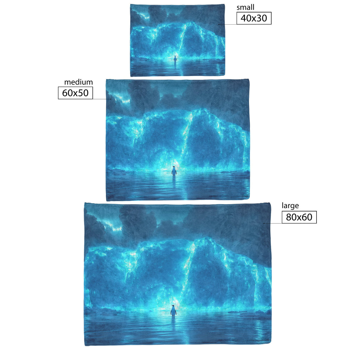 Lone Penguin on Glowing Blue Iceberg in Crystal Arctic Waters Under Twilight Sky Fleece Sherpa Blanket - Awakening Righteousness