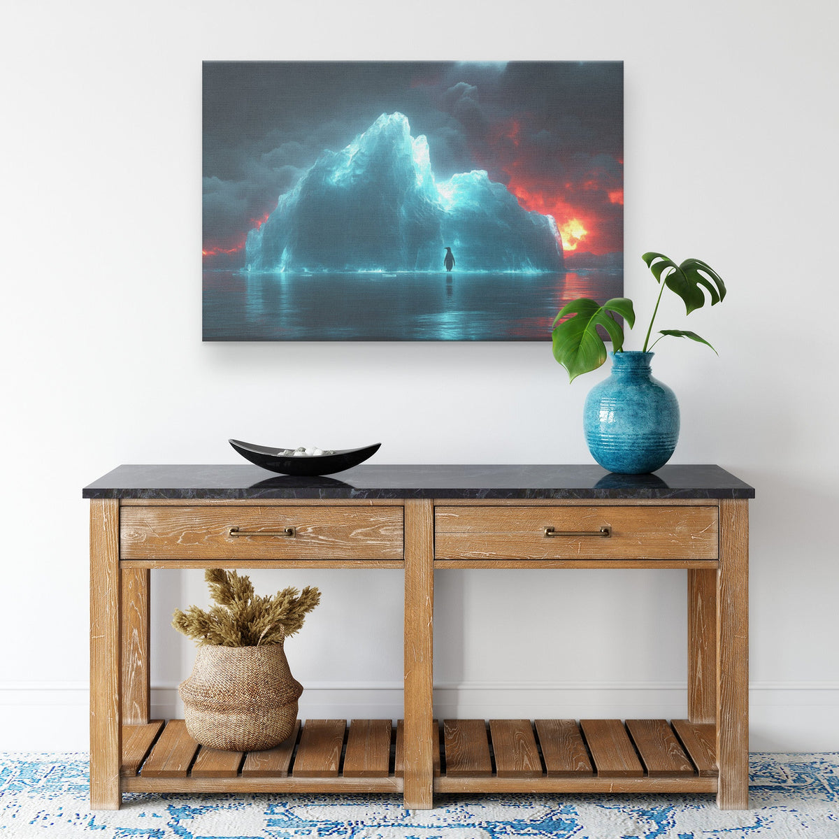 Lone Penguin on Glowing Blue Iceberg Surrounded by Crystal Clear Arctic Water Twilight Sky Canvas Wall Art Decor - Awakening Righteousness