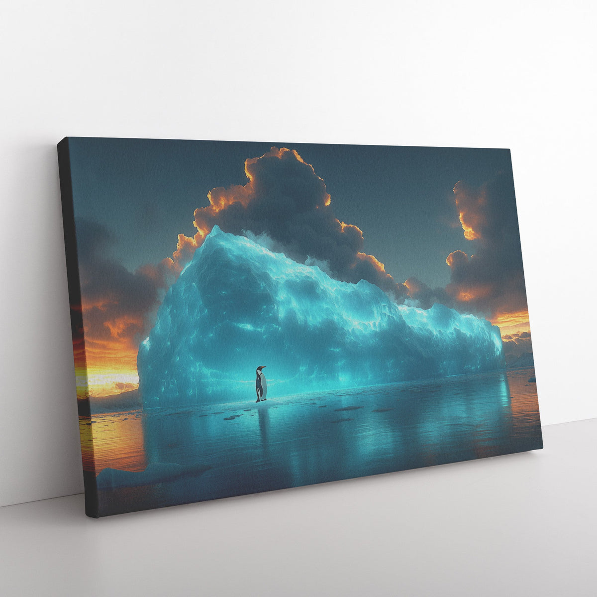 Lone Penguin on Glowing Blue Iceberg Surrounded by Crystal Clear Arctic Water Twilight Sky Canvas Wall Art Decor - Awakening Righteousness