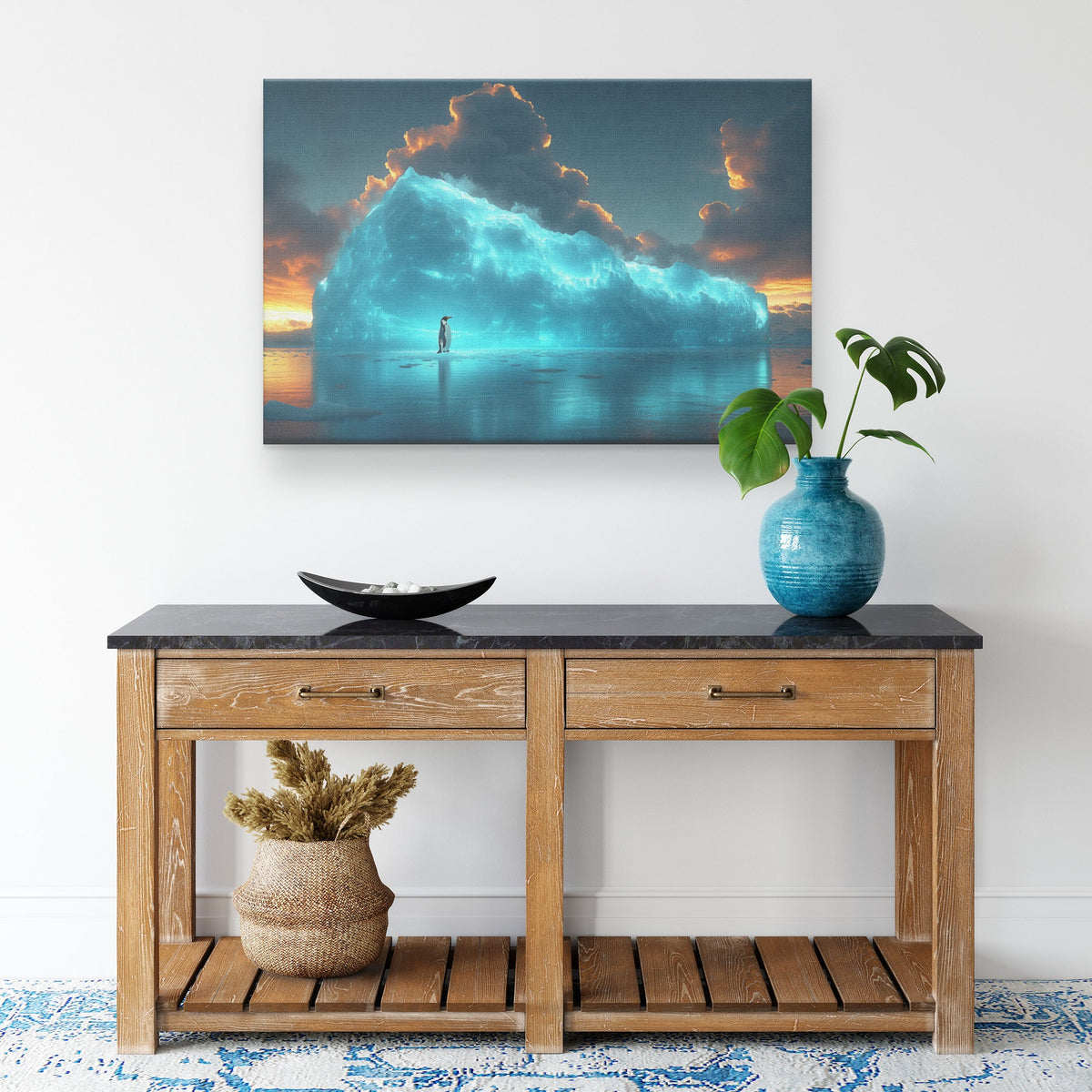 Lone Penguin on Glowing Blue Iceberg Surrounded by Crystal Clear Arctic Water Twilight Sky Canvas Wall Art Decor - Awakening Righteousness