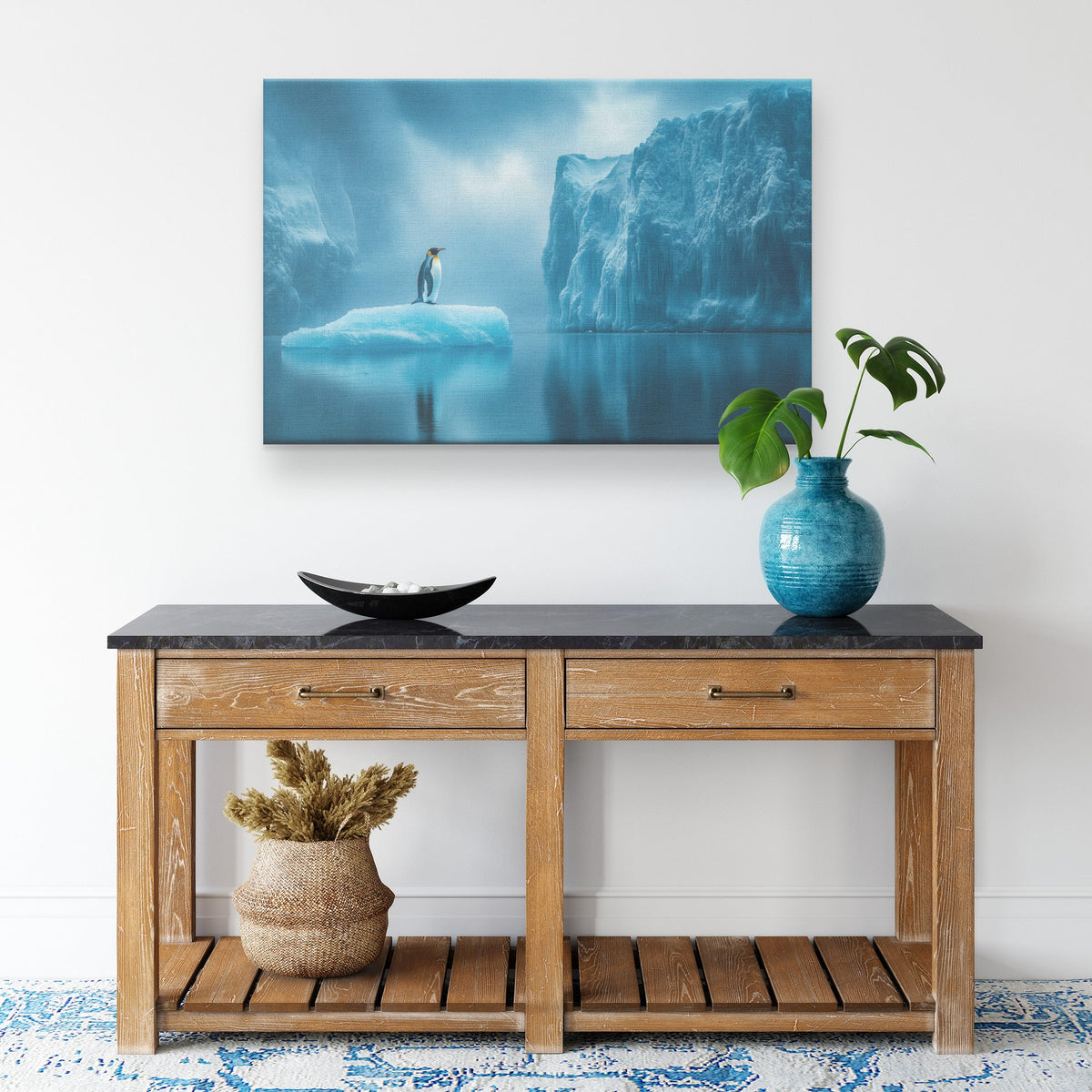 Lone Penguin on Glowing Blue Iceberg Surrounded by Crystal Clear Arctic Water Twilight Sky Canvas Wall Art Decor - Awakening Righteousness