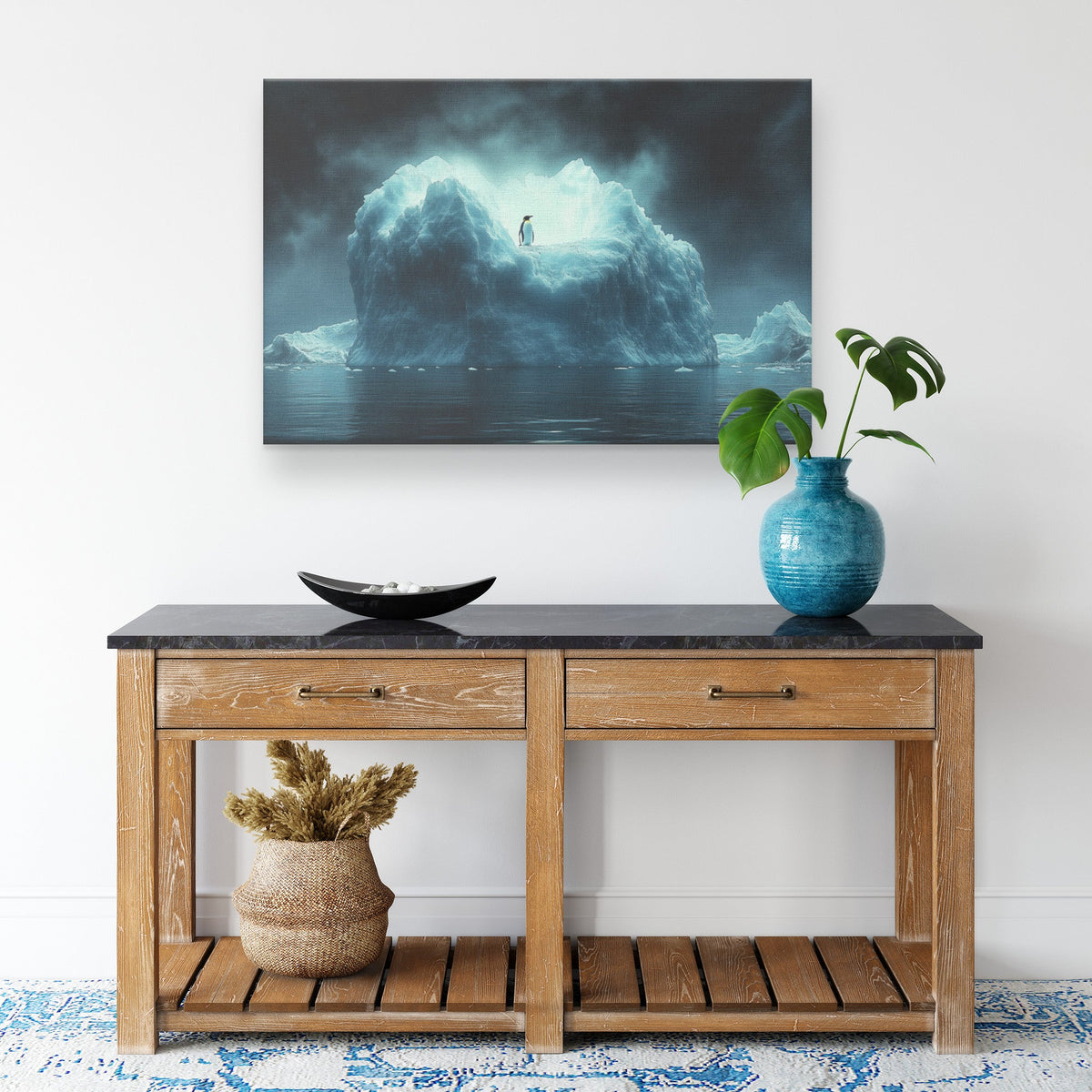 Lone Penguin on Glowing Blue Iceberg Surrounded by Crystal Clear Arctic Water Twilight Sky Canvas Wall Art Decor - Awakening Righteousness