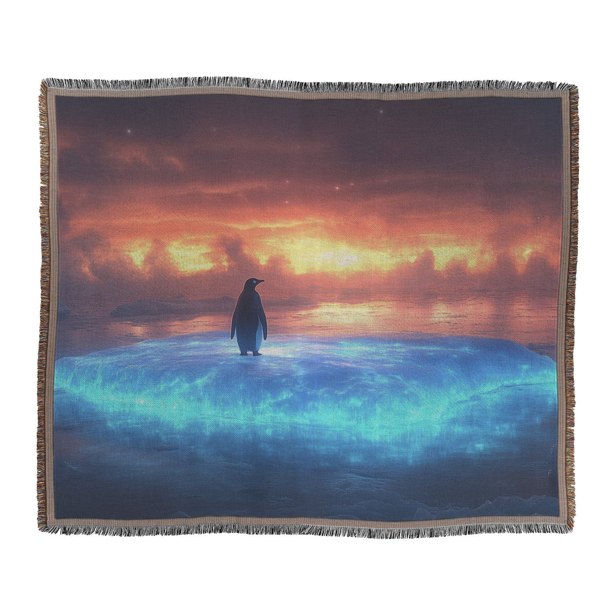 Lone Penguin Standing on Glowing Blue Iceberg Surrounded by Crystal Arctic Waters Under Twilight Sky Woven Throw Blanket - Awakening Righteousness