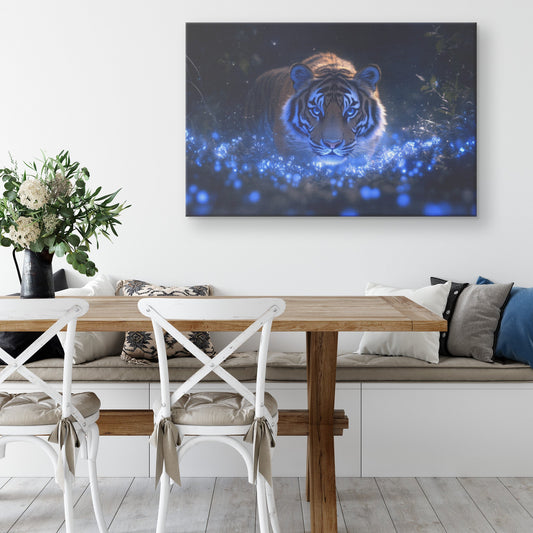 Lone Tiger Standing in Bioluminescent Forest Surrounded by Glowing Blue Plants and Mist Canvas Wall Art - Awakening Righteousness