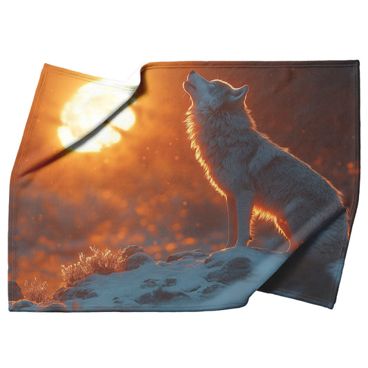 Lone Wolf Howling at Glowing Full Moon on Snowy Mountain Peak with Soft Silver Highlights Cozy Sherpa Blanket - Awakening Righteousness