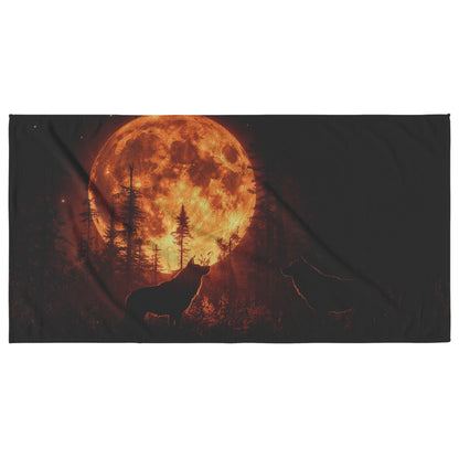 Lone Wolf Silhouetted Against Massive Glowing Full Moon Quiet Forest Wildlife Design Beach Towel - Awakening Righteousness