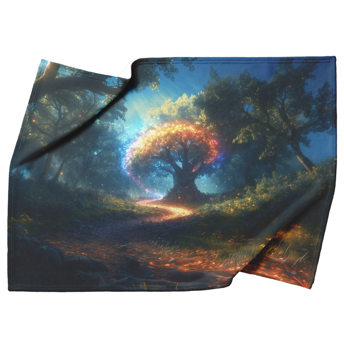 Magical Rainbow Spiraling Around Glowing Crystal Tree Mystical Forest Vibrant Plants Fleece Sherpa Blanket - Awakening Righteousness