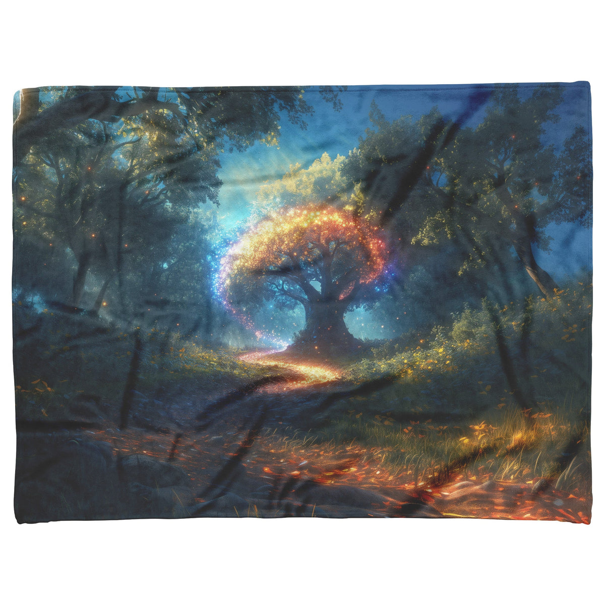 Magical Rainbow Spiraling Around Glowing Crystal Tree Mystical Forest Vibrant Plants Fleece Sherpa Blanket - Awakening Righteousness