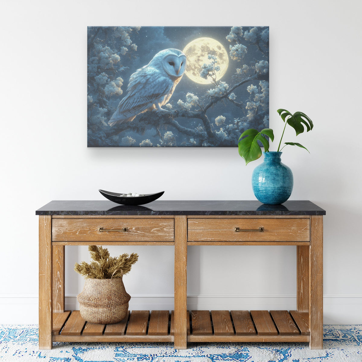 Majestic Barn Owl Perched on Glowing Tree Branch Under Full Moon Silver Illuminated Feathers Canvas Wall Art Decor - Awakening Righteousness