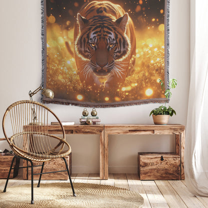 Majestic Bengal Tiger on Glowing Jungle Path with Mist Vibrant Green Plants and Golden Sunlight Woven Throw Blanket - Awakening Righteousness
