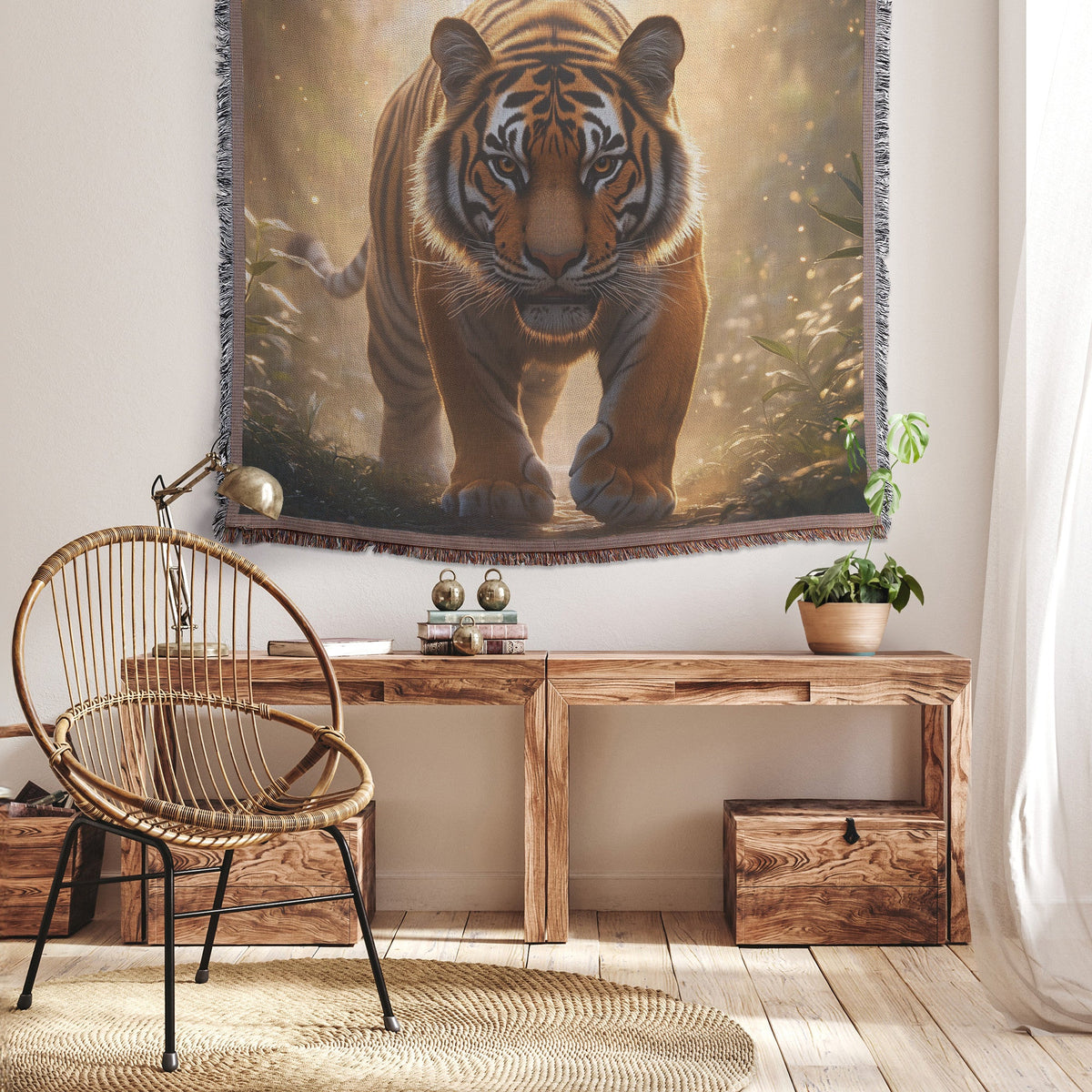 Majestic Bengal Tiger on Glowing Jungle Path with Mist Vibrant Green Plants and Golden Sunlight Woven Throw Blanket - Awakening Righteousness