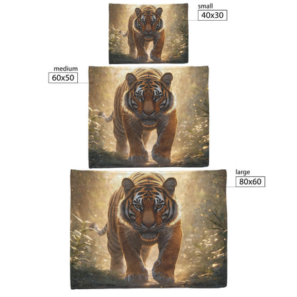 Majestic Bengal Tiger on Jungle Path Sherpa Fleece Blanket Glowing Mist Vibrant Green Plants Golden Sunlight Scene - Awakening Righteousness