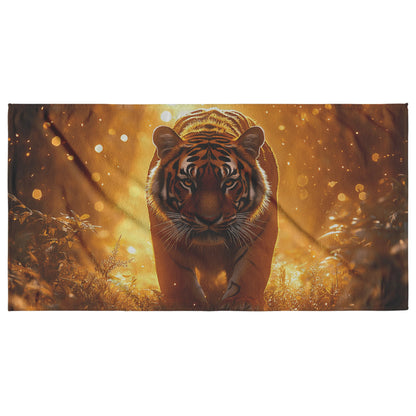 Majestic Bengal Tiger Standing on Glowing Jungle Path Surrounded by Mist Green Plants and Golden Sunlight Beach Towel - Awakening Righteousness