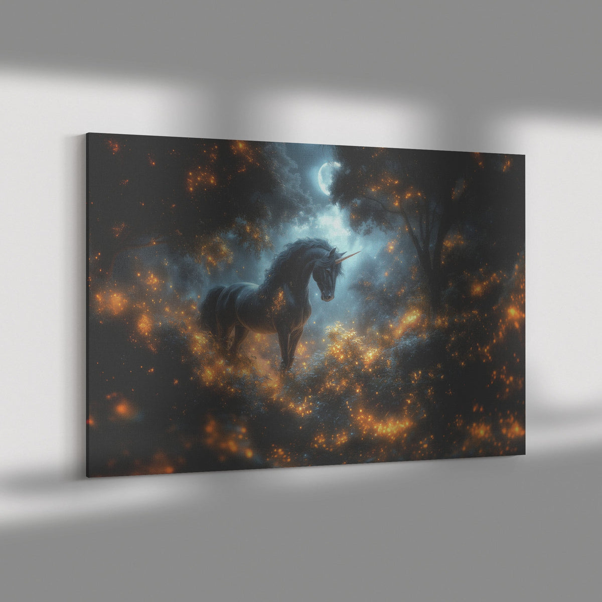 Majestic Black Unicorn in Glowing Forest Surrounded by Vibrant Plants and Misty Moonlight Canvas Wall Art Decor - Awakening Righteousness