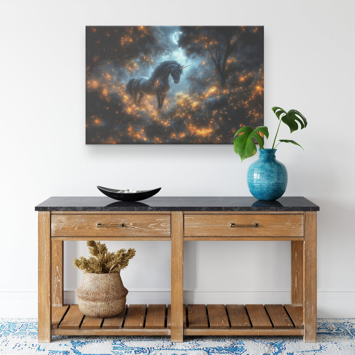 Majestic Black Unicorn in Glowing Forest Surrounded by Vibrant Plants and Misty Moonlight Canvas Wall Art Decor - Awakening Righteousness