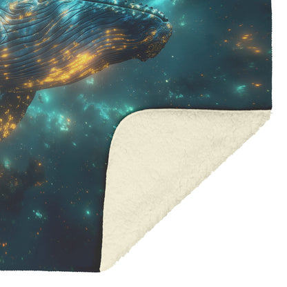 Majestic Blue Whale Swimming Through Glowing Bioluminescent Ocean Twilight Sky Soft Blue Green Light Fleece Sherpa Blanket - Awakening Righteousness