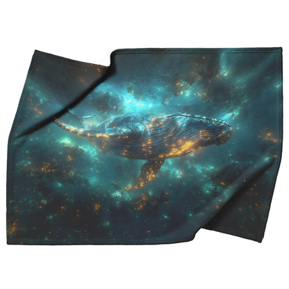 Majestic Blue Whale Swimming Through Glowing Bioluminescent Ocean Twilight Sky Soft Blue Green Light Fleece Sherpa Blanket - Awakening Righteousness