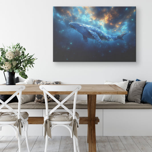 Majestic Blue Whale Swimming Through Glowing Bioluminescent Ocean Under Twilight Sky Canvas Wall Art Decor - Awakening Righteousness