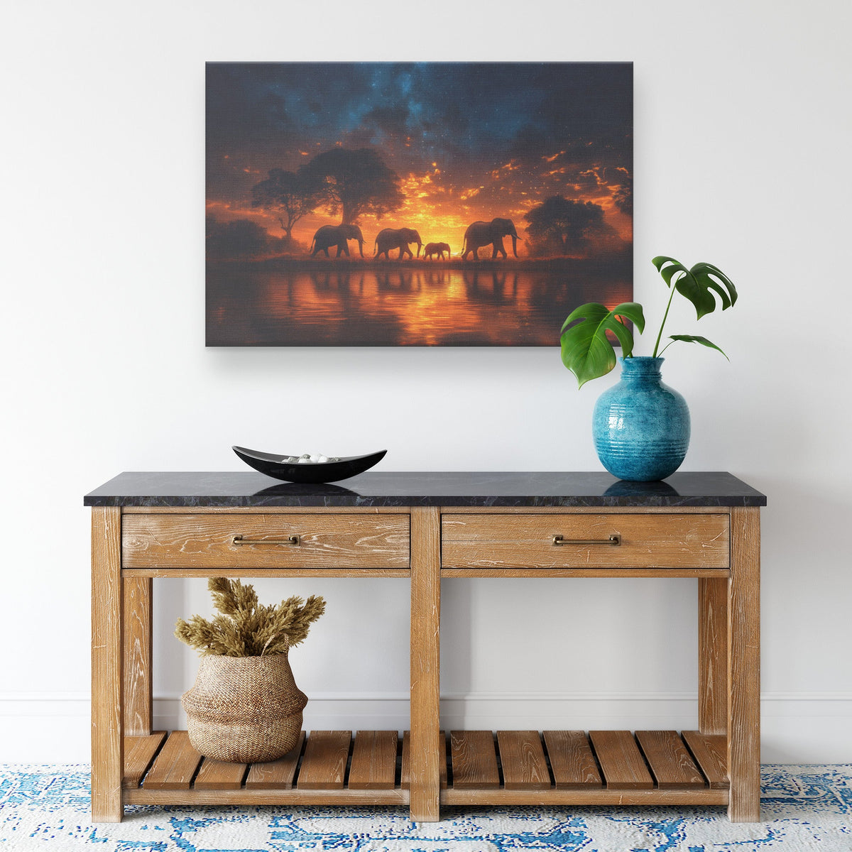 Majestic Elephant in Glowing Golden Savanna Under Vibrant Orange Sunset with Dust Illuminated Canvas Wall Art Decor - Awakening Righteousness