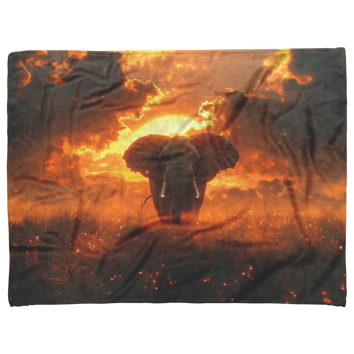 Majestic Elephant in Glowing Golden Savanna Vibrant Orange Sunset Dust Glowing Soft Light Sherpa Fleece Blanket - Awakening Righteousness