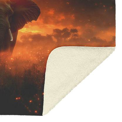 Majestic Elephant in Glowing Golden Savanna Vibrant Orange Sunset Dust Glowing Soft Light Sherpa Fleece Blanket - Awakening Righteousness