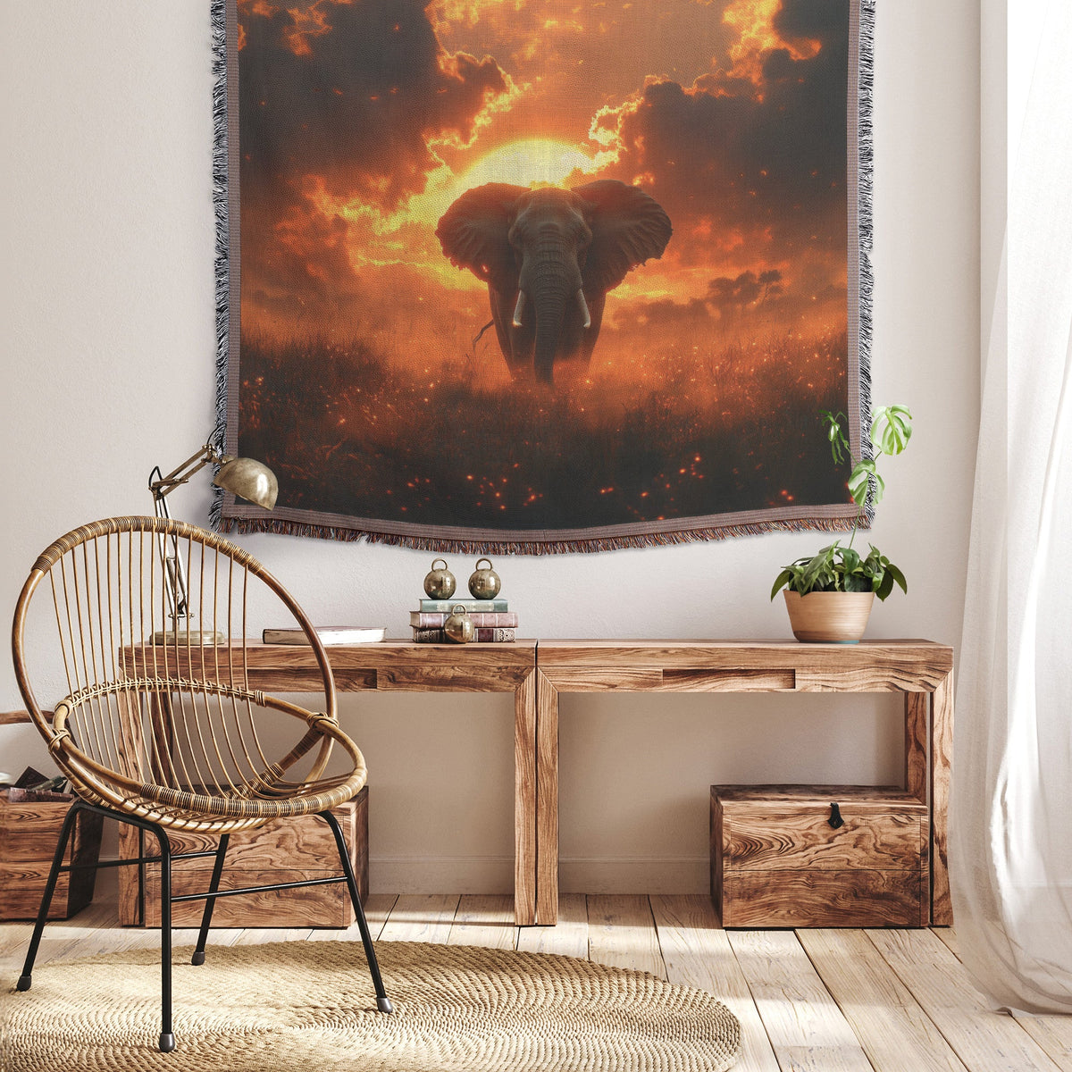 Majestic Elephant Standing in Glowing Golden Savanna Under Vibrant Orange Sunset Woven Throw Blanket - Awakening Righteousness