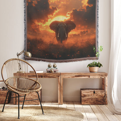 Majestic Elephant Standing in Glowing Golden Savanna Under Vibrant Orange Sunset Woven Throw Blanket - Awakening Righteousness