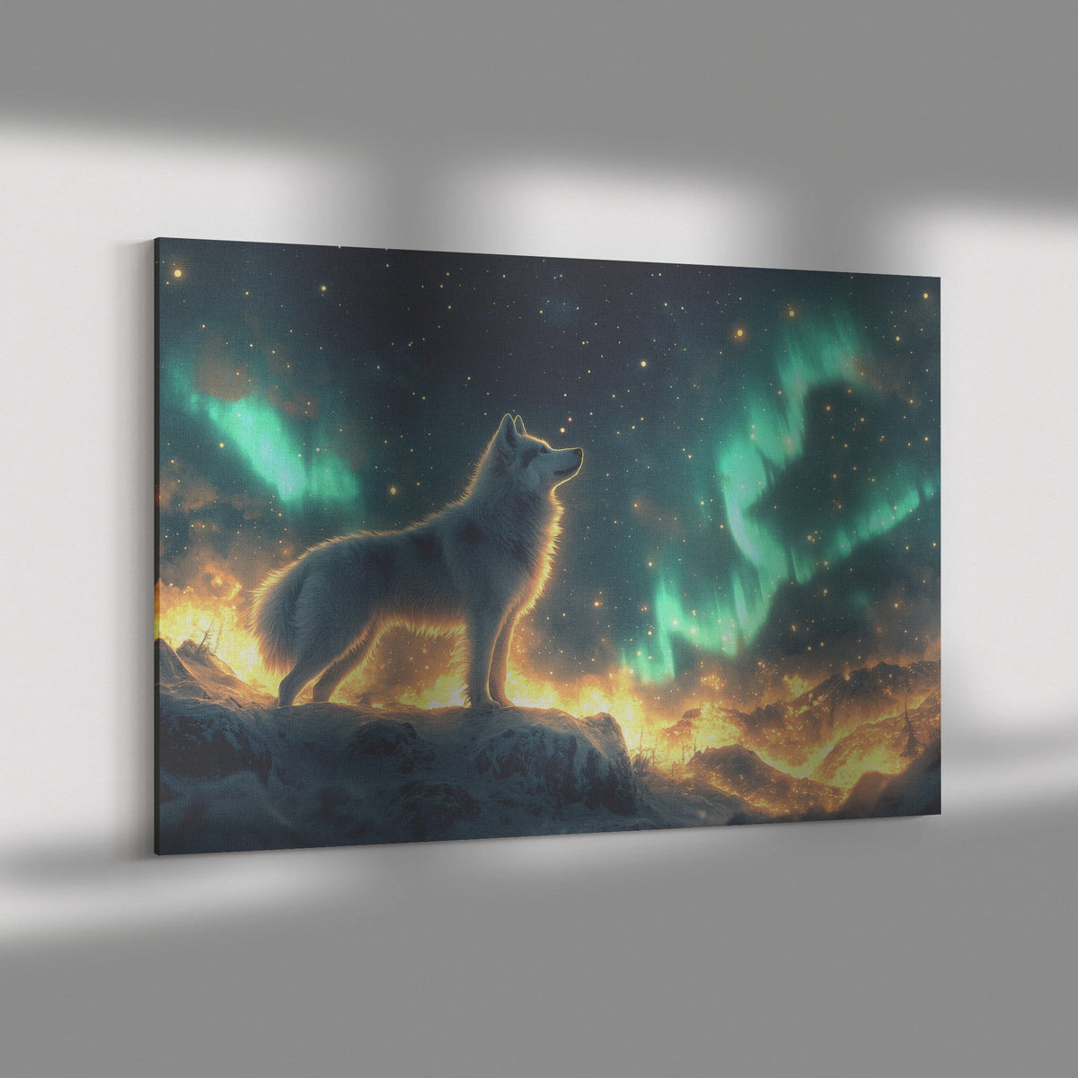 Majestic Iberian Husky Canvas Wall Art Decor on Snowy Mountain Peak Under Glowing Northern Lights with Intricate Fur - Awakening Righteousness