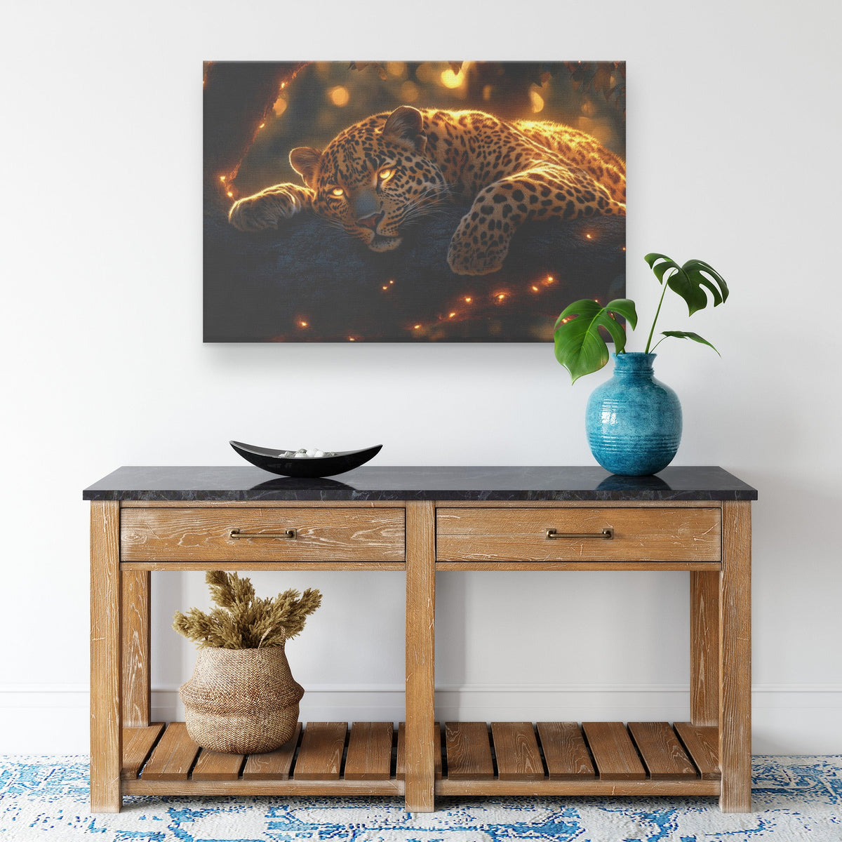 Majestic Leopard Resting on Glowing Tree Branch at Sunset Canvas Wall Art for Rustic Wildlife Inspired Decor - Awakening Righteousness