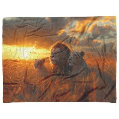Majestic Lion Family Sunset Safari Fleece Sherpa Blanket with Lion Cubs and Golden Sunset Sky Design - Awakening Righteousness