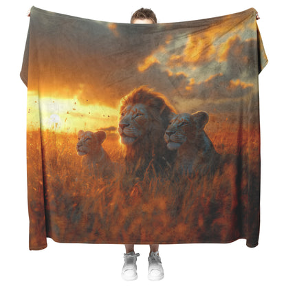 Majestic Lion Family Sunset Safari Fleece Sherpa Blanket with Lion Cubs and Golden Sunset Sky Design - Awakening Righteousness