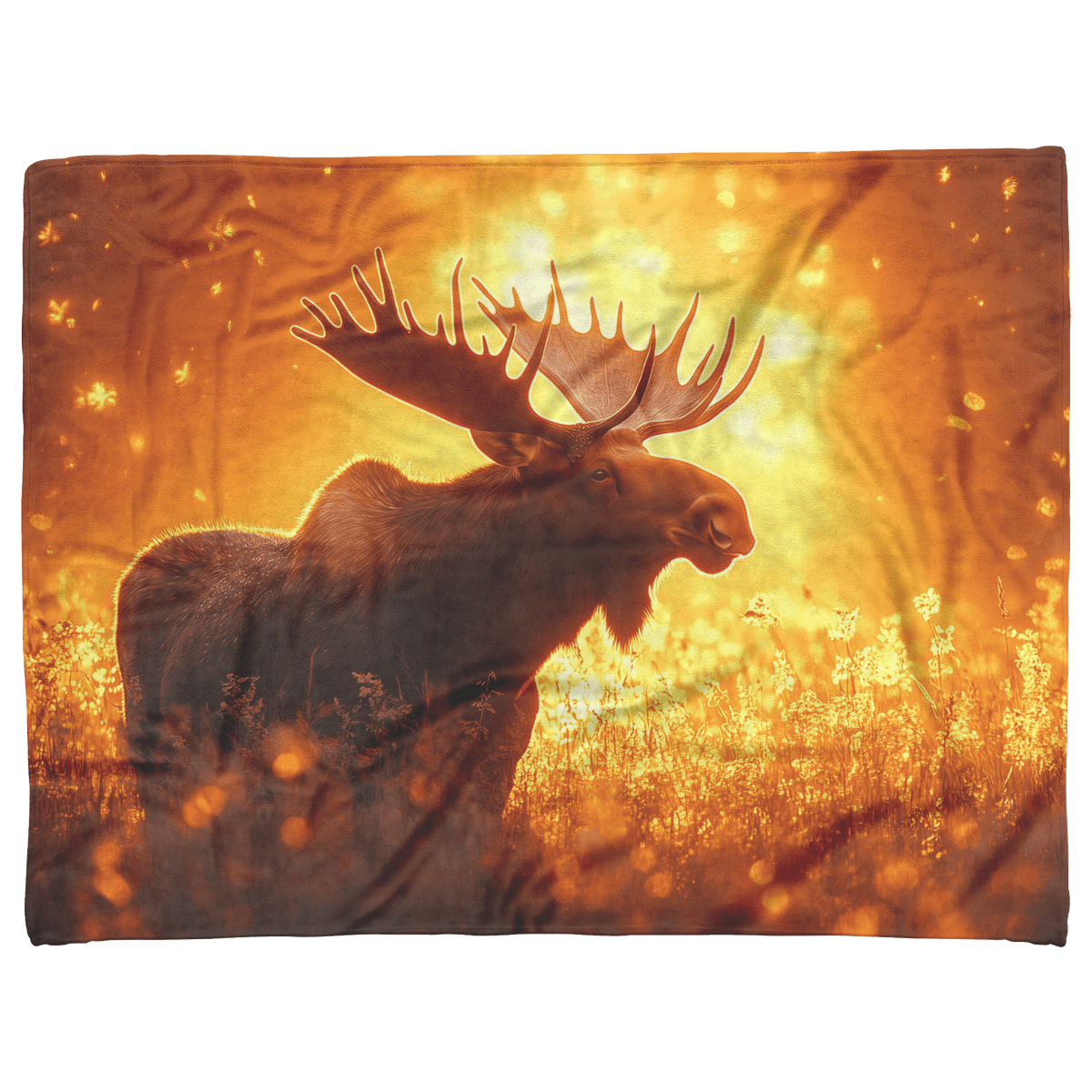 Majestic Moose Standing in Glowing Golden Meadow Surrounded by Mist Under Vibrant Sunrise With Illuminated Antlers Fleece Sherpa Blanket - Awakening Righteousness