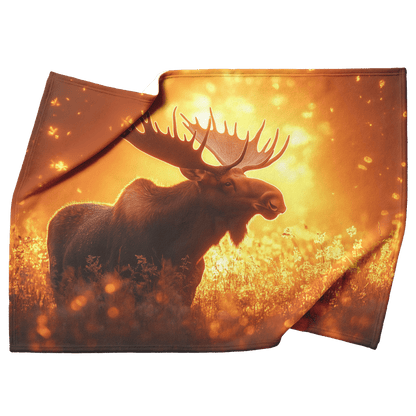 Majestic Moose Standing in Glowing Golden Meadow Surrounded by Mist Under Vibrant Sunrise With Illuminated Antlers Fleece Sherpa Blanket - Awakening Righteousness