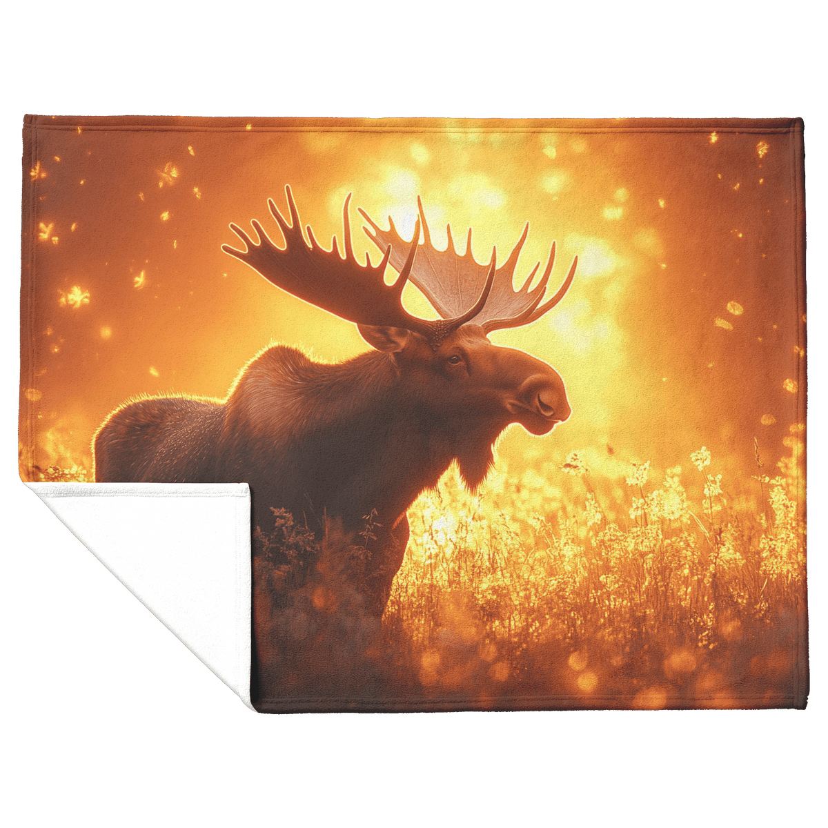 Majestic Moose Standing in Glowing Golden Meadow Surrounded by Mist Under Vibrant Sunrise With Illuminated Antlers Fleece Sherpa Blanket - Awakening Righteousness