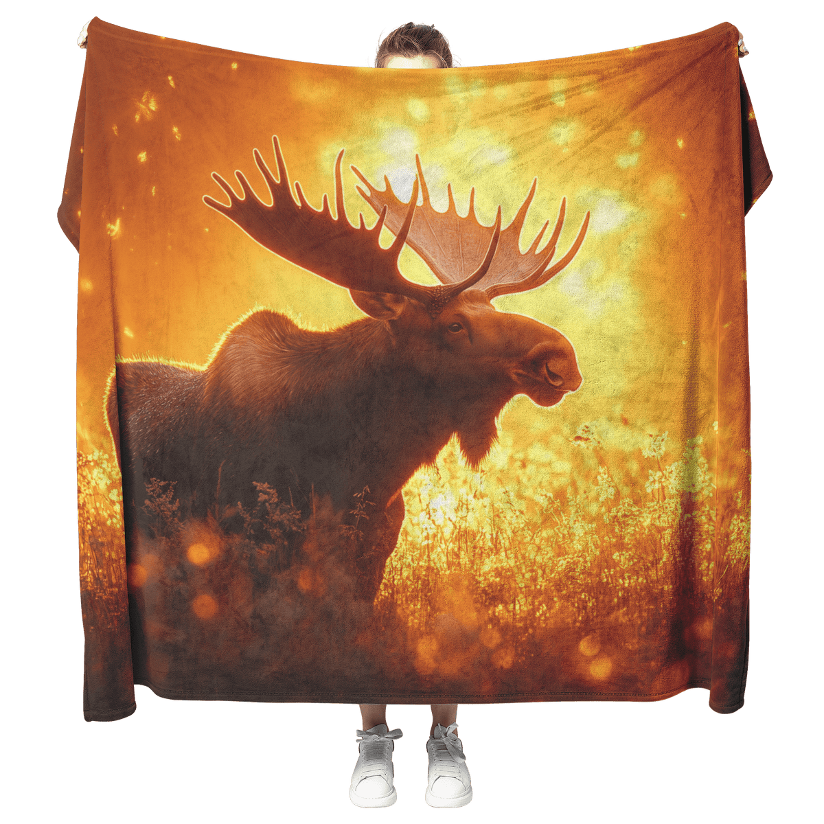 Majestic Moose Standing in Glowing Golden Meadow Surrounded by Mist Under Vibrant Sunrise With Illuminated Antlers Fleece Sherpa Blanket - Awakening Righteousness