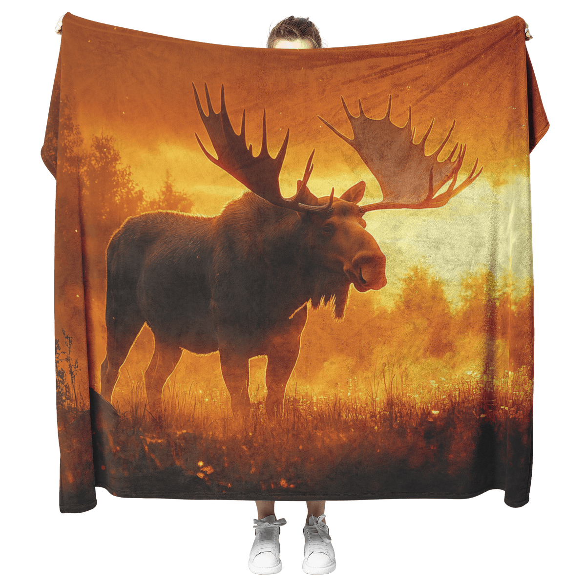 Majestic Moose Standing in Glowing Golden Meadow Surrounded by Mist Under Vibrant Sunrise With Illuminated Antlers Fleece Sherpa Blanket - Awakening Righteousness
