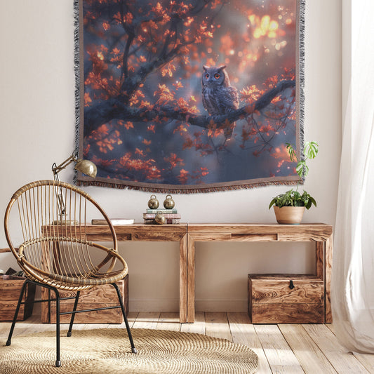 Majestic Owl on Autumn Branch Woven Throw Blanket - Awakening Righteousness