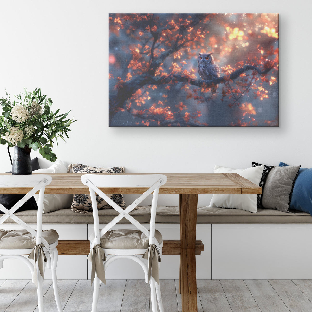 Majestic Owl Perched on Autumn Branch in Enchanted Forest Canvas Wall Art Decor - Awakening Righteousness