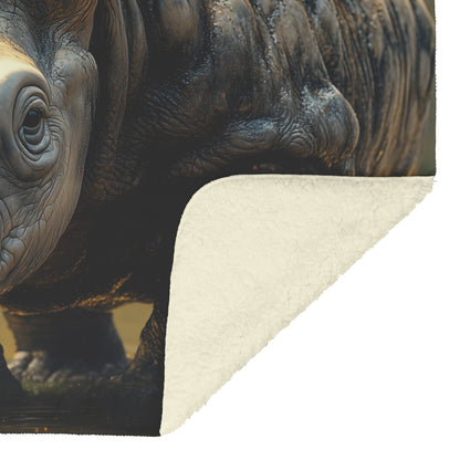 Majestic Rhinoceros Tranquil Water Sunlit Forest Fleece Sherpa Blanket Soft Cozy Throw - Awakening Righteousness